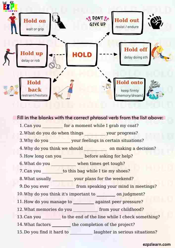 Phrasal Verbs with “HOLD” | 15 Sentences ESL Worksheet | Free PDF